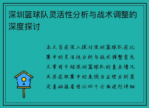深圳篮球队灵活性分析与战术调整的深度探讨